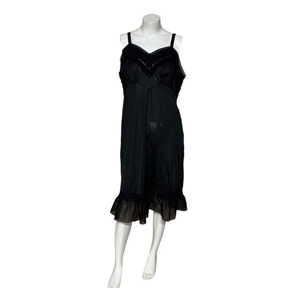 Vintage 50s Slip Nightgown Black Lace Ruffles Nylon Tricot Satin 44 Plus Size 1X